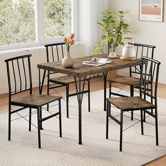Vipbear Kitchen Dining Table Set for 4, 5-Piece Kitchen Table Set with 1.6“ Thick Tabletop,Dining Room Table Sets,Kitchen Table Set with 4 Chairs for Small Space, Dinette,Apartment,Retro Brown