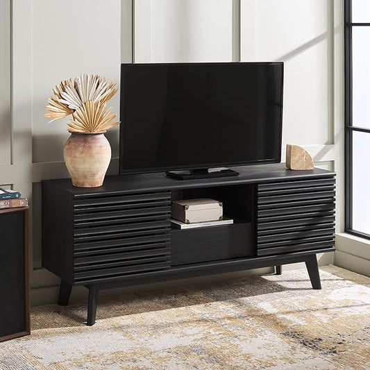 SAFAVIEH ESMA TV Stand for up to 60" Flatscreen – Black, Low Sideboard with 2 Sliding Doors, 1 Open Shelf, 1 Drawer, Entertainment Media Console (MED9638B)