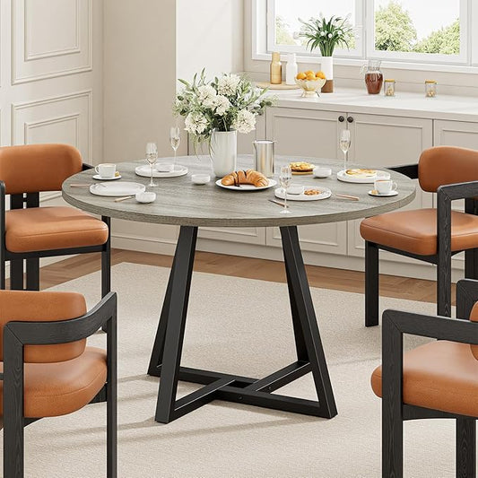 IRONCK 43" Round Dining Table for 4, Wood Kitchen Table with Metal Base, Space Saving Industrial Circle Dinner Table for Kitchen Dining Room, Gray