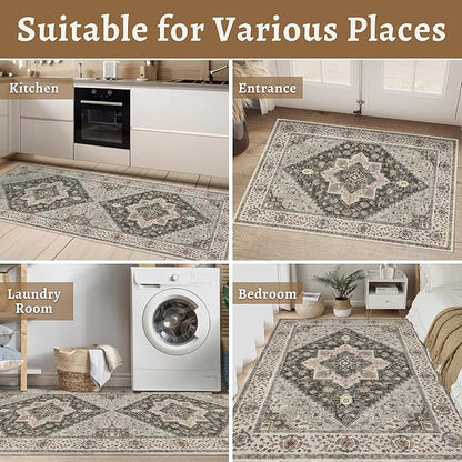 Kitchen Rugs 2x4 Washable Rug for Entryway Vintage Non Slip Small Rugs Front Door Mat Indoor Entrance, Print Distressed Throw Rug Grey Brown Soft Low Pile Rugs Small Carpet for Entry Bedroom Bathroom