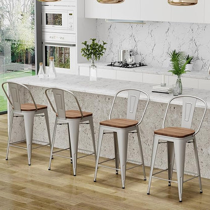 Changjie Furniture 24 Inches Metal Barstools Set of 4 Counter Height Bar Stools Industrial Stools with Backs High Back Chairs for Kitchen Island (24 Inch, Silver)