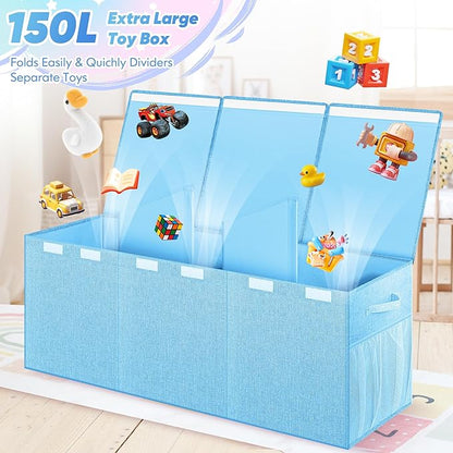 Extra Large Toy Box, Toy Box for Kids Boys Girls, Collapsible Sturdy Toy Storage Organizer with Mesh Pockets, 40"x14"x16" Kids Toy Chest Boxes Bins Baskets for Nursery, Playroom, Blue