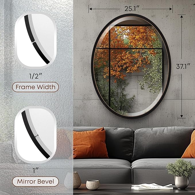 OVALCREST - Oval Wooden Beveled Wall Mirror for Home Decor, Bathroom, Vanity, Bedroom, Living Room, Hallway - London Style (Rubbed Black) 25.1 x 37.1