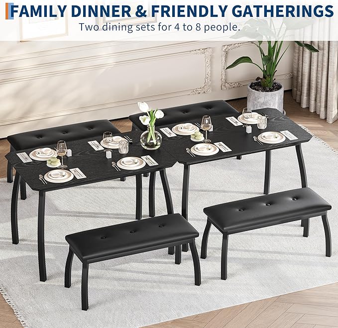 GAOMON Dining Table Set for 4, Metal Frame Kitchen Table Set with 2 Upholstered Bench, 3 Piece Dining Room Table Furniture for Apartment, Studio, Home, Easy Assembly, Black