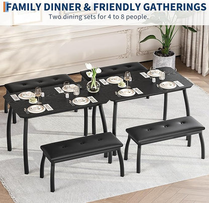 3 Piece Farmhouse Dining Table Set for 4, Compact Rustic Kitchen Table with 2 Padded Benches, Space Saving Breakfast Nook Furniture Set for Small Spaces, Apartments, Black
