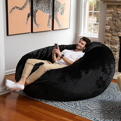 Jaxx 6 Foot Cocoon - 2-in-1 Convertible Bean Bag Bed & Large Bean Bag Chair for Adults - Premium Faux Fur, Black Rabbit