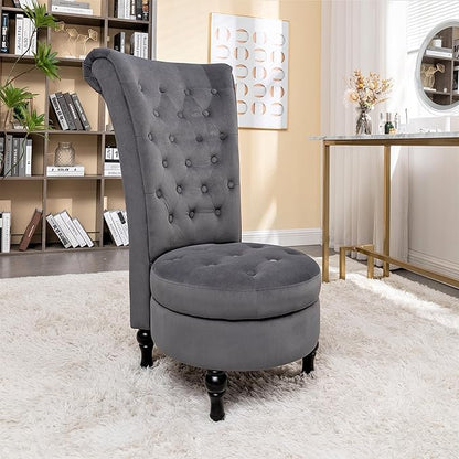 Container Furniture Direct Royal High-Back Velvet Accent Chair for Vanity with Storage and Luxurious Upholstery, Retro Design and Versatile Usage for Livingroom, Bedroom, Lounge and Office, Grey