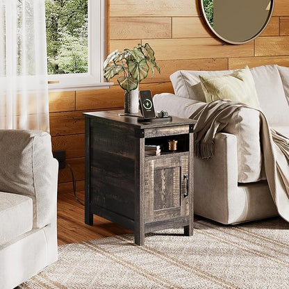 WLIVE End Table with Charging Station, Side Table with USB Ports and Outlets, Narrow Side Table for Small Spaces, Living Room, Couch, Nightstand with Storage, Brown