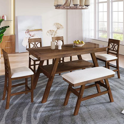 Merax 6 Piece Wood Counter Height Dining Table Set with Storage Shelf, Beige Cushion, Kitchen Table Set with Bench and 4 Chairs, Rustic Style, Walnut