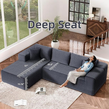 Cloud Sectional Couch, 104”L-Shape Large Oversized Sofa with Right Chaise Lounge, Modular Sleeper Couch with Pillows & Deep Seat, Flannel Velvet Compressed Sofa for Living Room, Dark Gray