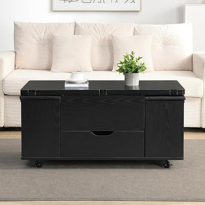 Merax Multi-Functional Lift-Top Coffee Table with Hidden Storage and Stools,Multi-Function Modern Center Table with 4 Stools and Casters,Perfect for Modern Living Spaces, Black