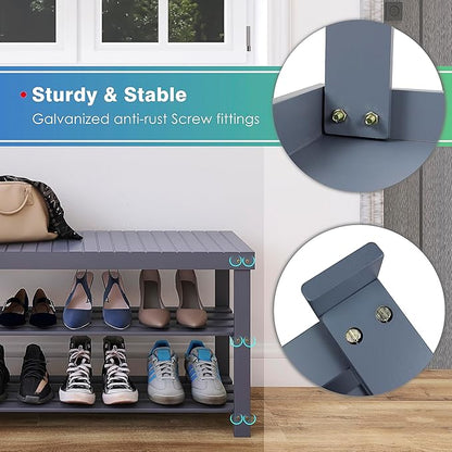 SMIBUY Bamboo Shoe Rack Bench, 3-Tier Shoe Organizer Storage Shelf for Entryway Hallway Bathroom Living Room (Grey)