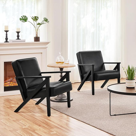 Yaheetech Accent Chair, PU Leather Reading Chair, Mid Century Modern Arm Chair with Solid Wood Frame for Living Room Bedroom Waiting Room, 2 Pieces, Black