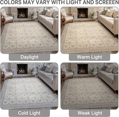 8X10 Area Rugs Machine Washable Rugs for Living Room, Vintage Boho Large Rugs for Bedroom Dining Room, Non Slip Indoor Soft Distressed Lightweight Thin Low Pile Carpet, Cream