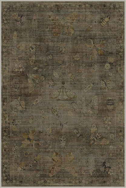 GENIMO 6x9 Area Rugs for Living Room, Machine Washable Non Slip Vintage Rugs, Low Pile Lightweight Chenille Print Rug for Bedroom, Dining Room, Home Office, Moss Taupe
