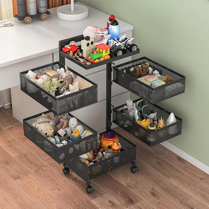 Rolling Rotating Storage Cart No Assembly Required，Bathroom Shelf Fruit and Vegetable Basket for Kitchen,Storage Drawer Organizer Cart ，Metal Utility cart on Wheels(Black, 5 Tier-Square)