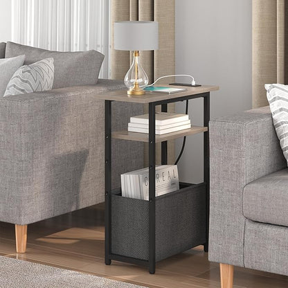 Narrow Side Table with Charging Station Set of 2, Small End Table for Small Spaces, Skinny Nightstands Set 2 with Storage Basket, 3 Tier Sofa Bedside Tables for Living Room,Bedroom, Grey