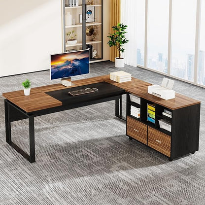 Tribesigns 2-Drawer Wood File Cabinet, Mobile Lateral Filing Cabinet for Hanging Letter Size Files, Printer Stand with Open Storage Shelves for Home Office (Walnut & Black)