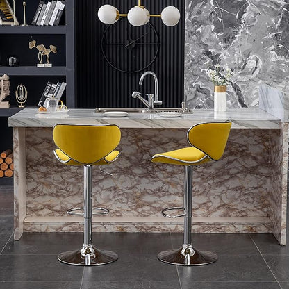 Roundhill Furniture Masaccio Velvet Upholstered Adjustable Swivel Barstool, Set of 2, Yellow