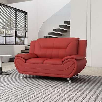 Container Furniture Direct Michael Modern Faux Leather Upholstered Stainless Steel Legs Living Room Loveseat, Persian Red