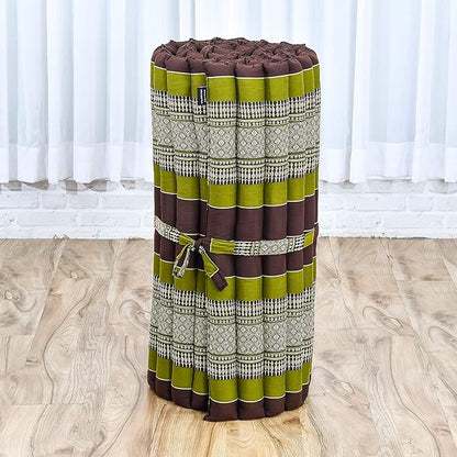 Leewadee - Foldable Floor Mattress - Japanese Roll Up Futon -Trifold Tatami Mat- Guest Floor Bed - Camping Mattress - Thai Massage Mat, Kapok Filled, 75 x 28 inches, Brown Green