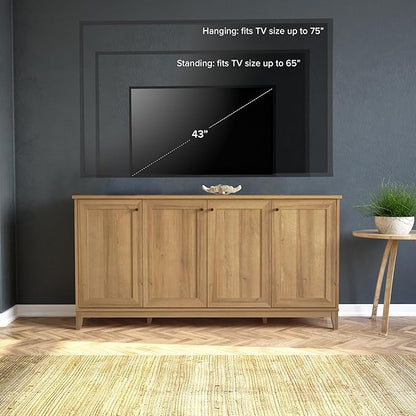 Prepac Yaletown 4 Panel Door Console Table with Storage, Oak Storage Cabinet with Doors and Shelves, Sideboard Storage Cabinet 60" W x 32" H x 16" D, OCBG-2220-1