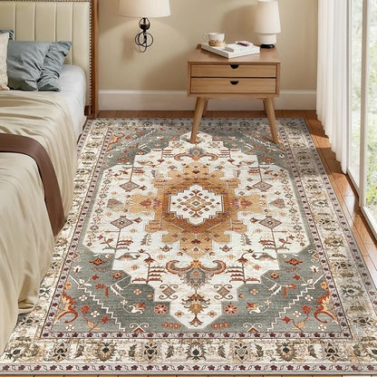 Tangsoo 4x6 Area Rug, Vintage Turmeric, Machine Made Geometric, Indoor, Foldable Non Slip Washable Shed Resistant, 0.35 Inch Pile, Rectangular, Bedroom Bathroom Living Room Entryway