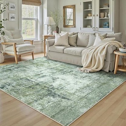 5x7 Washable Area Rug Dark Green Modern Neutral Abstract Living Room Bedroom Indoor Floor Carpet Low Pile Soft Non-Slip Lightweight Vacuumable Throw Rug for Kitchen Nursery Dining Room
