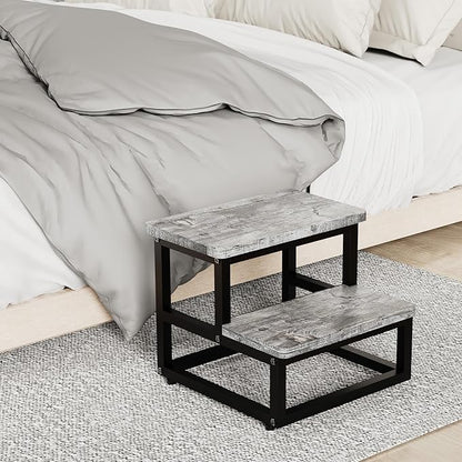 Step Stools for Kids Adults, Heavy Duty Stepping Stools Bed Steps for High Beds, Non-Slip Metal and Wooden 2 Steps Foot Stool for Bedside Kitchen, Round Corner, 500 Lbs Capacity, Gray Pattern