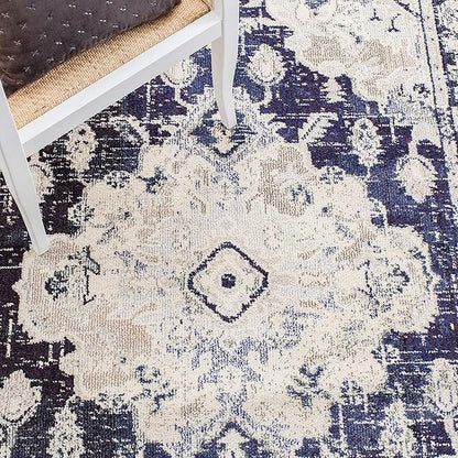 SAFAVIEH Monaco Collection Area Rug - 9' x 12', Ivory & Navy, Boho Chic Medallion Distressed Design, Non-Shedding & Easy Care, Ideal for High Traffic Areas in Living Room, Bedroom (MNC243C)
