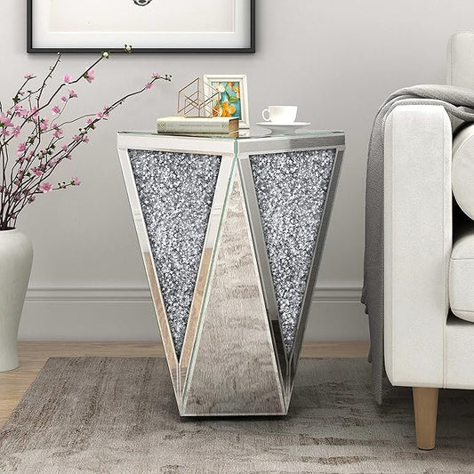 ENENE 19.7" Mirrored End Table Crystal Diamond Setting Coffee Table Silver Glass Side Table Pedestal Stand for Hallway, Living Room, Corner, Bedroom, Sofa
