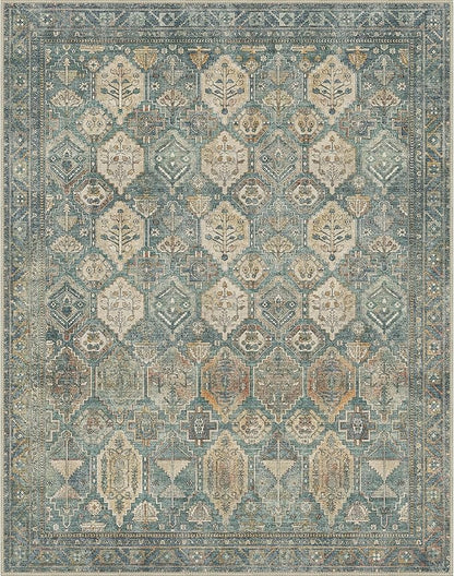 GENIMO 5x7 Area Rugs for Living Room, Machine Washable Non Slip Vintage Rugs, Low Pile Lightweight Chenille Print Rug for Bedroom, Dining Room, Home Office, Sage Teal