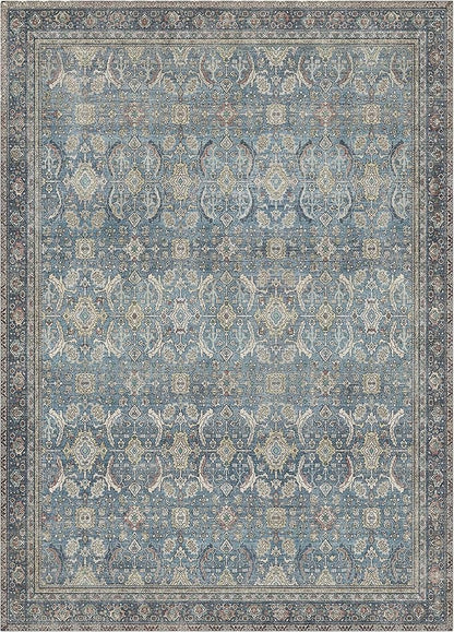 9X12 Area Rugs Machine Washable Rugs for Living Room, Vintage Boho Large Rugs for Bedroom Dining Room, Non Slip Indoor Soft Distressed Lightweight Thin Low Pile Carpet, Vintage Blue
