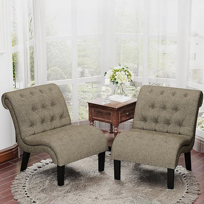 Yongqiang Accent Chairs Set of 2 Modern Armless Living Room Bedroom Side Chairs Button Tufted Upholstered Leisure Chair with Wood Legs