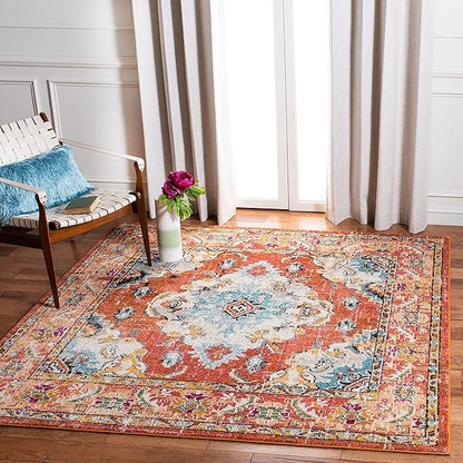 SAFAVIEH Monaco Collection Area Rug - 11' Square, Orange & Light Blue, Boho Chic Medallion Distressed Design, Non-Shedding & Easy Care, Ideal for High Traffic Areas in Living Room, Bedroom (MNC243H)