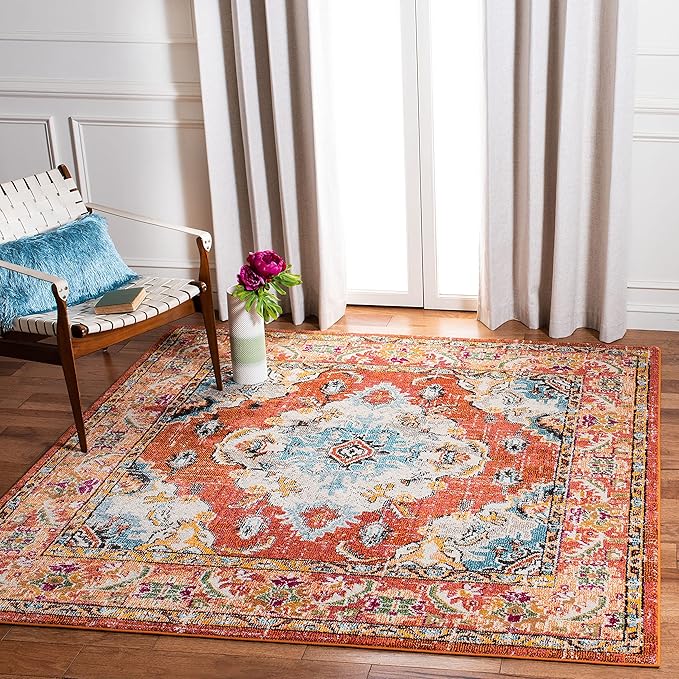 SAFAVIEH Monaco Collection Area Rug - 8'8" Square, Orange & Light Blue, Boho Chic Medallion Distressed Design, Non-Shedding & Easy Care, Ideal for High Traffic Areas in Living Room, Bedroom (MNC243H)