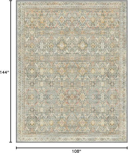 9X12 Area Rugs Machine Washable Rugs for Living Room, Vintage Boho Large Rugs for Bedroom Dining Room, Non Slip Indoor Soft Distressed Lightweight Thin Low Pile Carpet, Turmeric