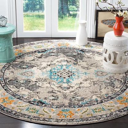 SAFAVIEH Monaco Collection Area Rug - 8'8" Round, Grey & Light Blue, Boho Chic Medallion Distressed Design, Non-Shedding & Easy Care, Ideal for High Traffic Areas in Living Room, Bedroom (MNC243G)