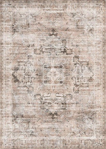 GENIMO 6x9 Area Rugs for Living Room, Machine Washable Non Slip Vintage Retro Rugs, Low Pile Lightweight Thin Print Rug for Bedroom, Dining Room, Home Office, Brownishi Drab