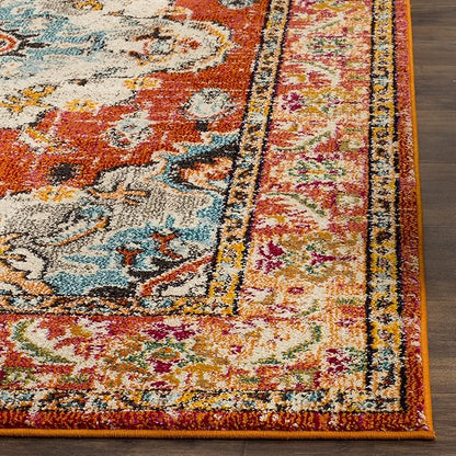 SAFAVIEH Monaco Collection Area Rug - 5'1" x 7'7", Orange & Light Blue, Boho Chic Medallion Distressed Design, Non-Shedding & Easy Care, Ideal for High Traffic Areas in Living Room, Bedroom (MNC243H)