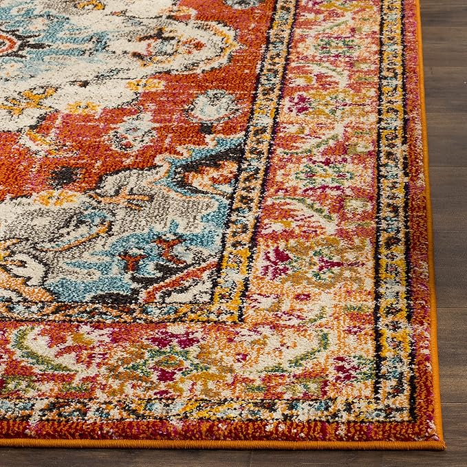 SAFAVIEH Monaco Collection Area Rug - 5' Square, Orange & Light Blue, Boho Chic Medallion Distressed Design, Non-Shedding & Easy Care, Ideal for High Traffic Areas in Living Room, Bedroom (MNC243H)