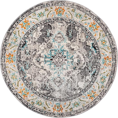 SAFAVIEH Monaco Collection Area Rug - 11' Round, Grey & Light Blue, Boho Chic Medallion Distressed Design, Non-Shedding & Easy Care, Ideal for High Traffic Areas in Living Room, Bedroom (MNC243G)