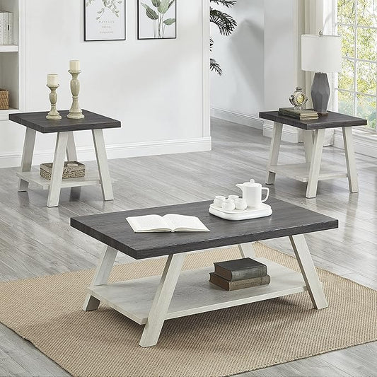 Roundhill Furniture Athens Contemporary 3-Piece Wood Shelf Coffee Table Set, Weathered Charcoal and Beige