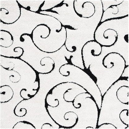 SAFAVIEH Florida Shag Collection Area Rug - 8' Square, Ivory & Black, Scroll Design, Non-Shedding & Easy Care, 1.2-inch Thick Ideal for High Traffic Areas in Living Room, Bedroom (SG455-1290)