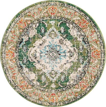 SAFAVIEH Monaco Collection Area Rug - 5' Round, Forest Green & Light Blue, Boho Medallion Distressed Design, Non-Shedding & Easy Care, Ideal for High Traffic Areas in Living Room, Bedroom (MNC243F)