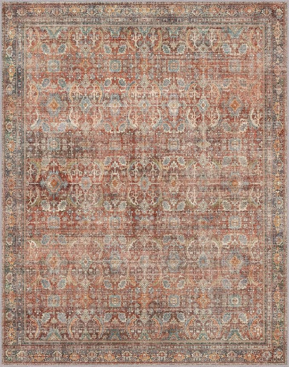 GENIMO 3x5 Area Rugs for Living Room, Machine Washable Non Slip Vintage Rugs, Low Pile Lightweight Chenille Print Rug for Bedroom, Dining Room, Home Office, Terracotta Indigo