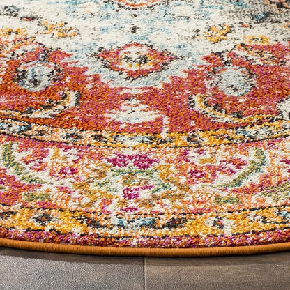 SAFAVIEH Monaco Collection Area Rug - 4' Round, Orange & Light Blue, Boho Chic Medallion Distressed Design, Non-Shedding & Easy Care, Ideal for High Traffic Areas in Living Room, Bedroom (MNC243H)