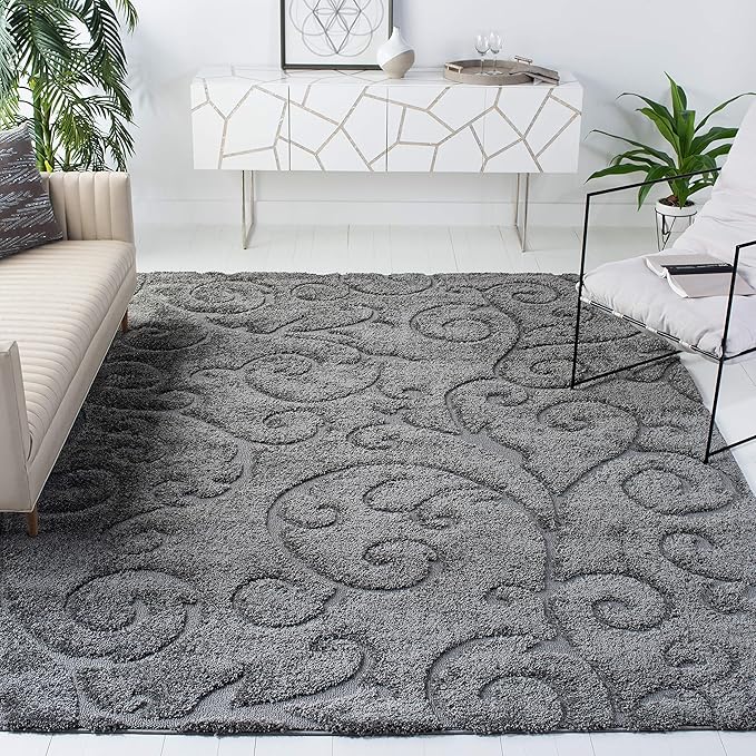 SAFAVIEH Florida Shag Collection Area Rug - 9'6" x 13', Grey, Scroll Design, Non-Shedding & Easy Care, 1.2-inch Thick Ideal for High Traffic Areas in Living Room, Bedroom (SG455-8013)