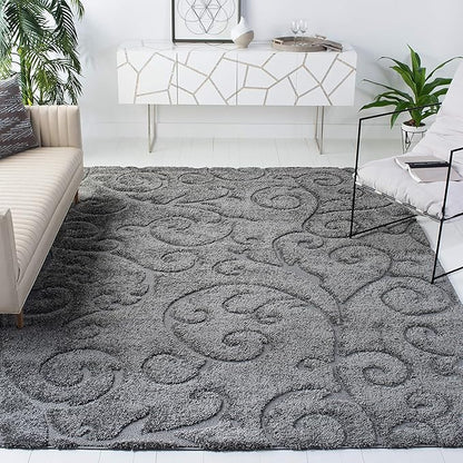 SAFAVIEH Florida Shag Collection Area Rug - 9'6" x 13', Grey, Scroll Design, Non-Shedding & Easy Care, 1.2-inch Thick Ideal for High Traffic Areas in Living Room, Bedroom (SG455-8013)