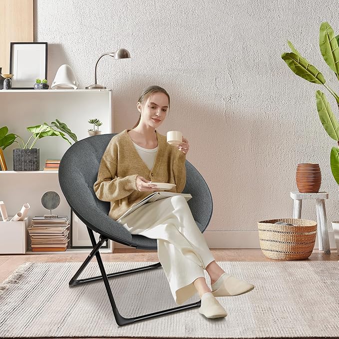 Saucer Chair with Faux Fur Cover - Foldable Moon Chair for Teens & Adults, Large Circle Seat Perfect for Bedroom, Living Room & Playroom, Soft Gaming Chair for Compact Spaces, Gray